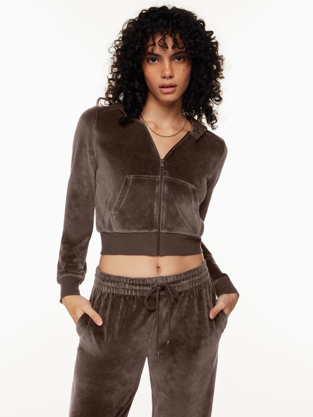 Aritzia Sunday Best Cropped Velour Zip Hoodie in Chocolate Brown